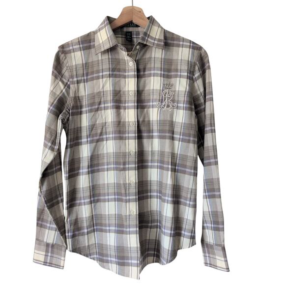 Ralph Lauren Women's Crest Crown Logo Plaid White Brown Button Up Shirt Size M - Picture 1 of 6